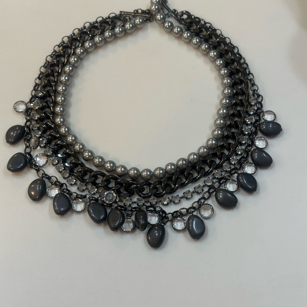 Edgy Chunky Glam Mix Media Layered Rhinestone Accents - Gunmetal & Grey Pearls - Picture 4 of 7